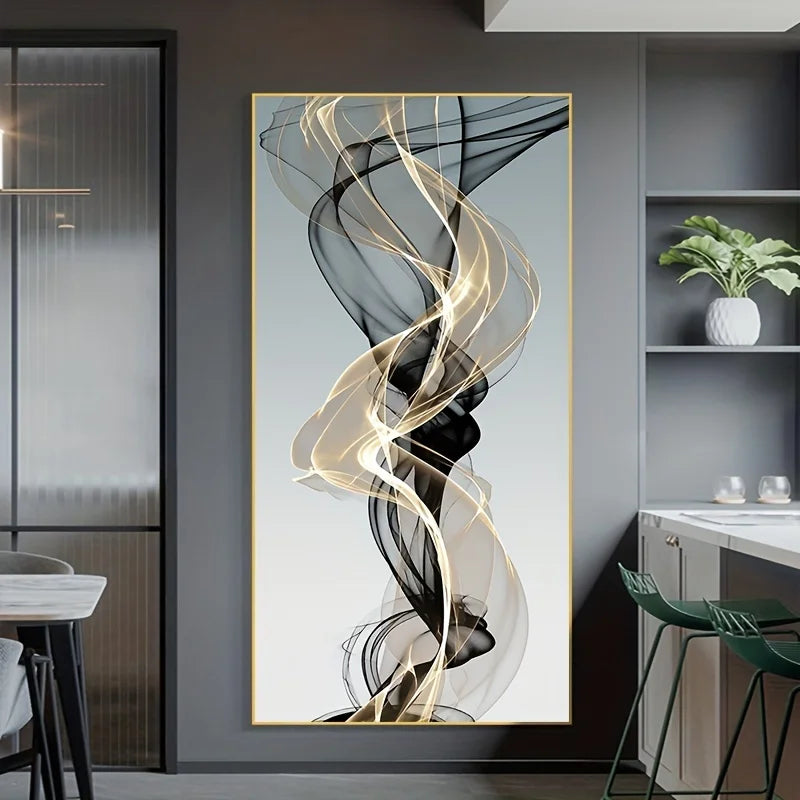 toile d'art abstraite moderne noir blanc doré contemporain minimaliste ligne ondulée rectangle vertical chambre