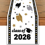 table runner graduation étoiles casquettes congrats grad class 2026 blanc or argent polyester festif