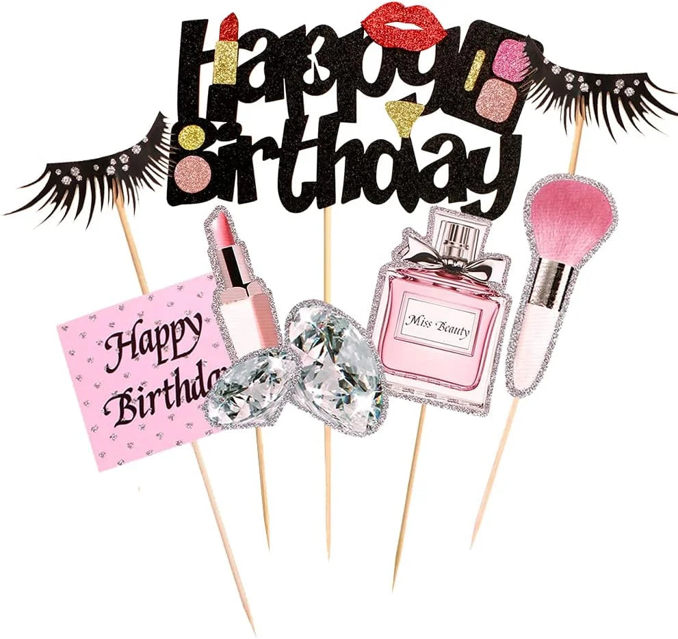 accessoires gâteau glitter strass parfum maquillage cils brosse cartes happy birthday miss beauty festive