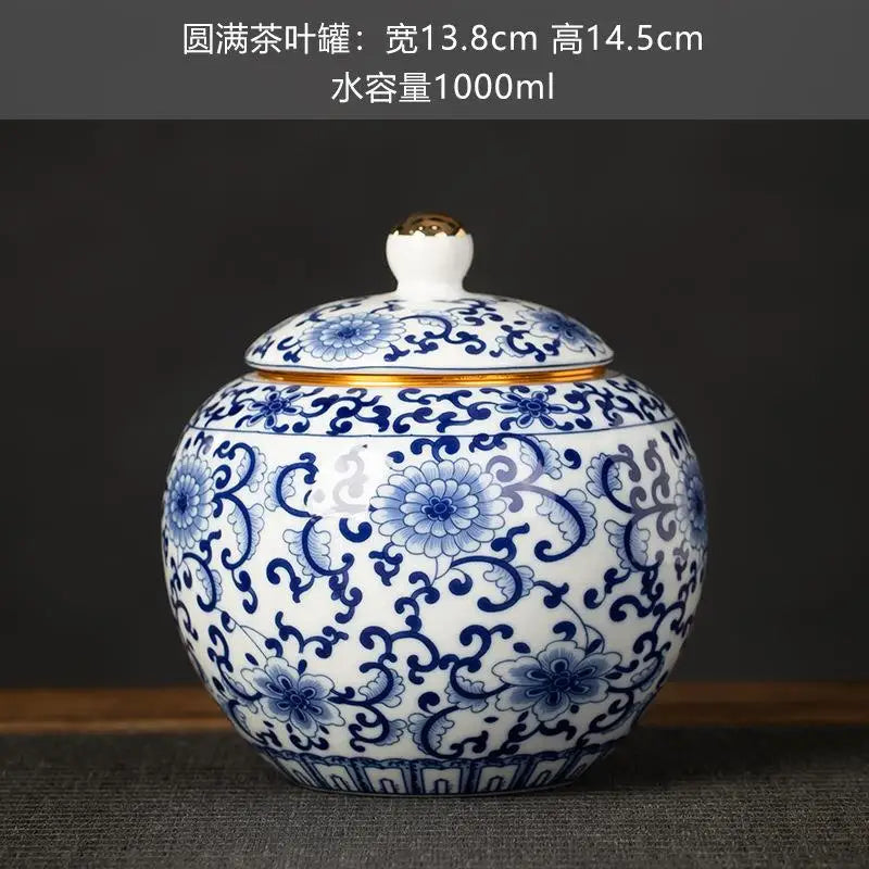 pot thé céramique bleu marine blanc fleurs dorées couvercle classique