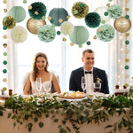 décoration fête anniversaire mariage pompons lanternes papier plissé vert beige blanc festive