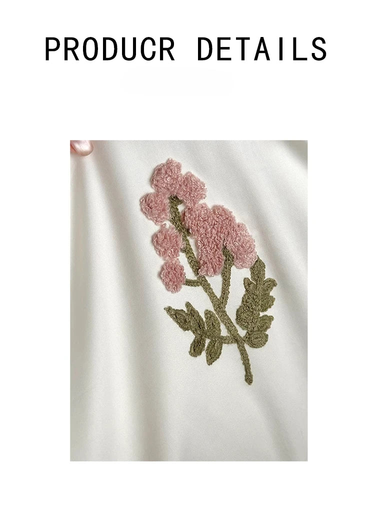 ensemble literie coton brodé fleurs rose blanc classique king queen full