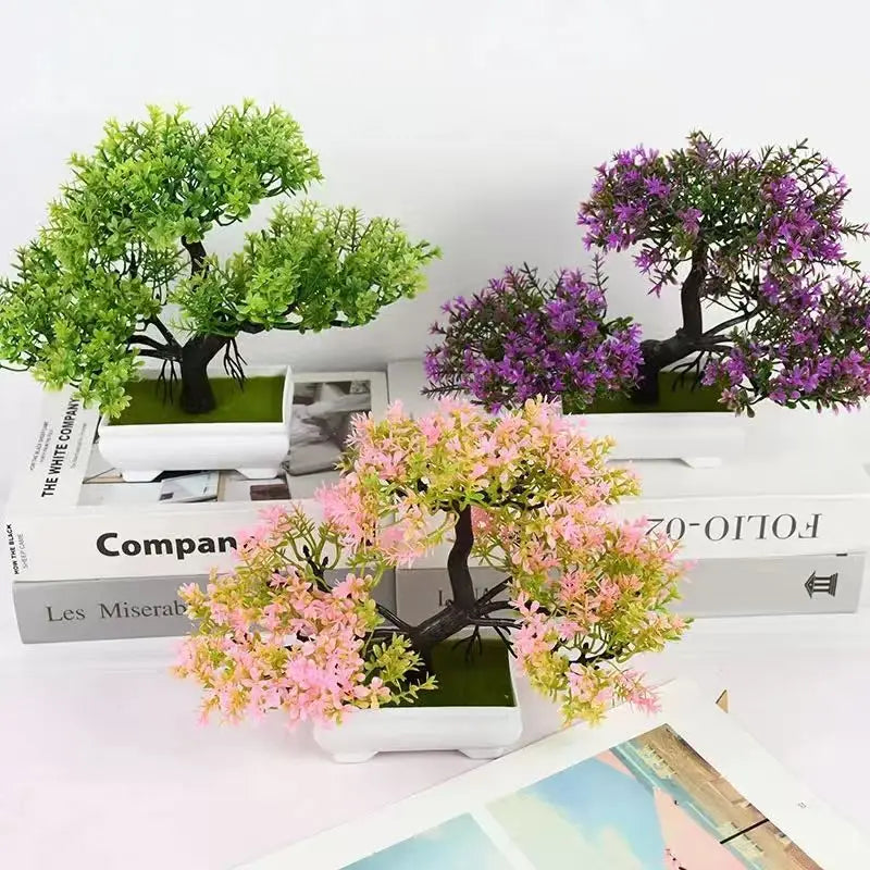 décoration intérieure faux bonsaï artificiel pot blanc feuilles vertes fleurs roses violettes classique chambre
