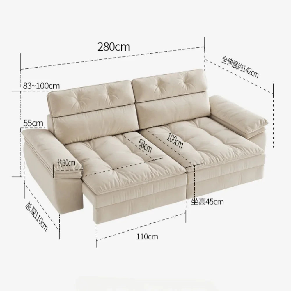 canapé moderne tissus composites beige motif palmiers fixations coussins dimension 280cm