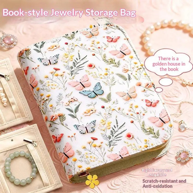 sac rangement bijoux zip fleurs motifs floraux beige doré blanc