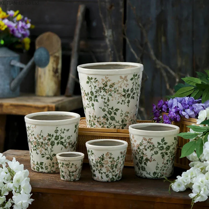 pots fleurs céramique porcelaine rustique vintage beige vert blanc floral
