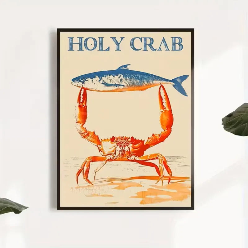 affiche toile crabe poisson illustration vintage salon chambre orange bleu beige sans cadre 70x50cm