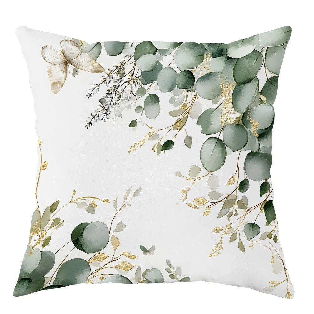 coussin blanc feuilles eucalyptus papillons texte sweet love hope zipper 45x45cm
