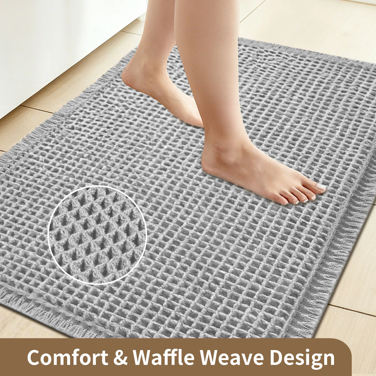 tapis bain gris clair moderne antidérapant absorbant bordure frisée géométrique PVC respectueux environnement 43cmx61cm