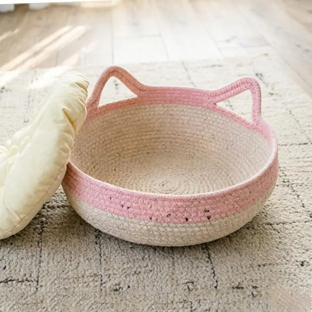 lit chat tissé main rose clair beige coussin amovible moderne