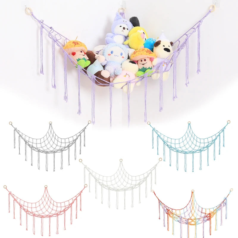 filet tressé suspendu clips multicolore violet rose moderne décoratif chambre enfant jouets rangement