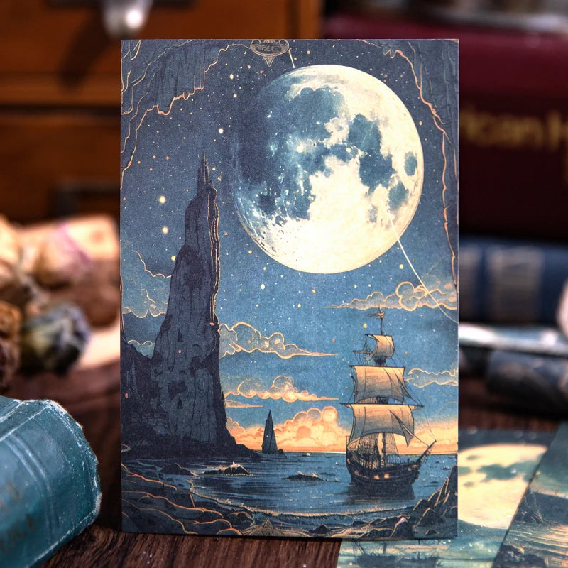 papier scrapbooking lune bateau rochers papillons vintage décoration carte postale bleu blanc