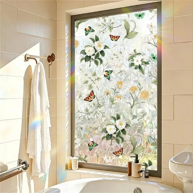 film décoratif fenêtre fleurs feuilles papillons moderne vert blanc jaune marron opacité adhésif