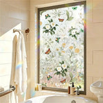 film décoratif fenêtre fleurs feuilles papillons moderne vert blanc jaune marron opacité adhésif