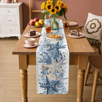 changement drap table lin bleu marine motifs coquillages été plage