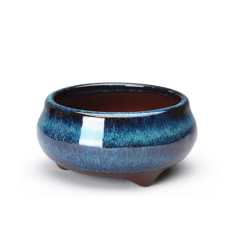 Pots bonsaï céramique bleu brun texture grès craquelé classique artisanal couvercle jardinextérieur