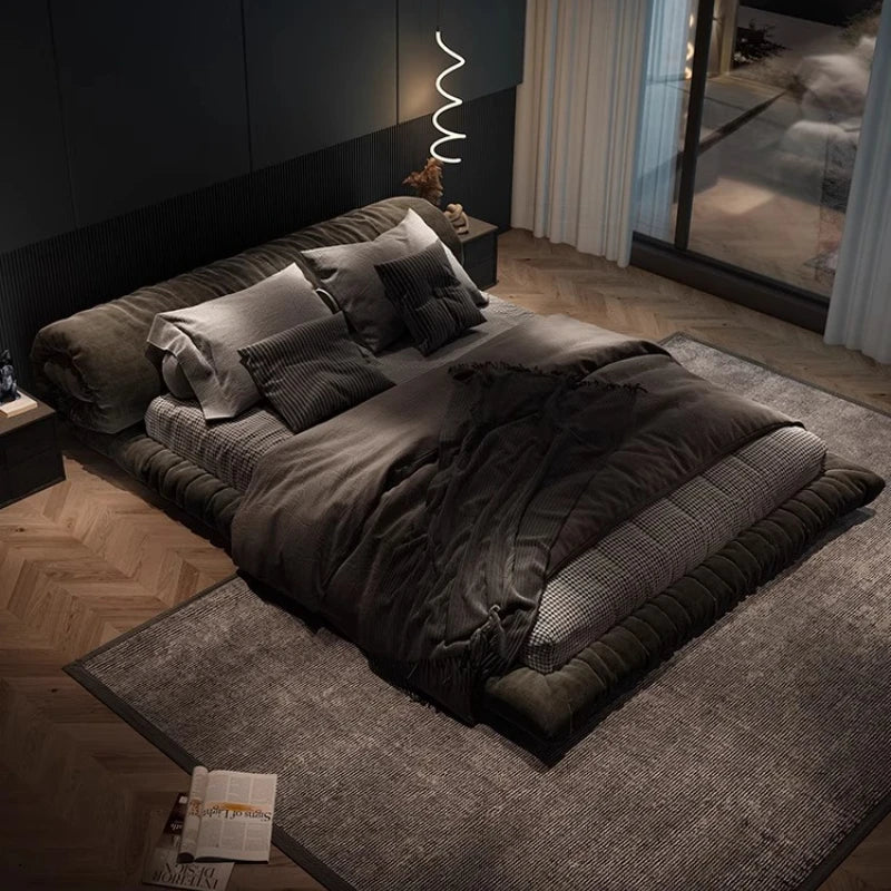 lit moderne gris carreaux 180x200cm bois oreillers draps couverture chambre