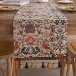 tableau decoratif floral oiseaux franges pompons beige marron bleu orange rustic boheme 33x180cm