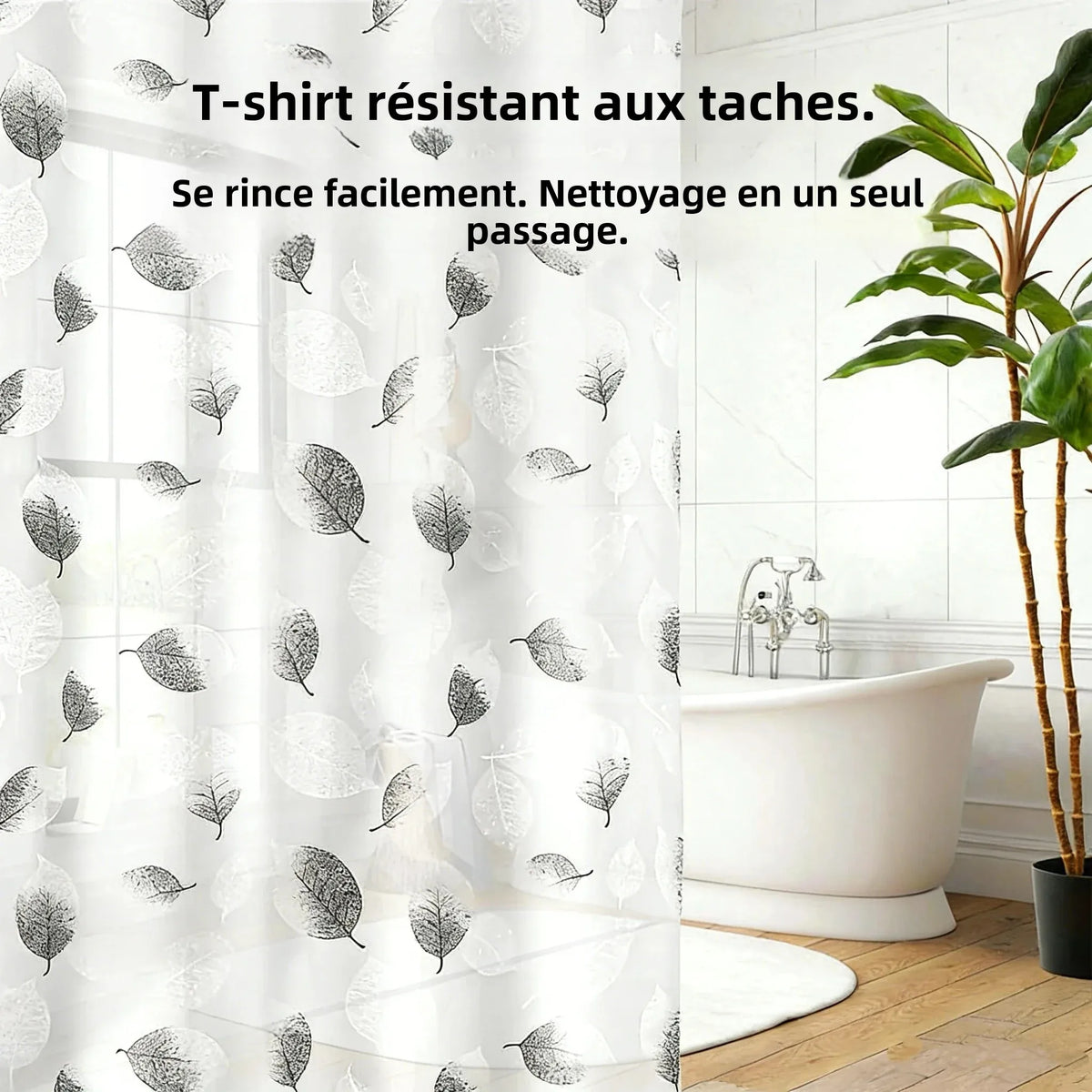 rideau douche moderne feuilles noires blanc semi transparent anneaux métalliques gris toilette