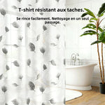 rideau douche moderne feuilles noires blanc semi transparent anneaux métalliques gris toilette