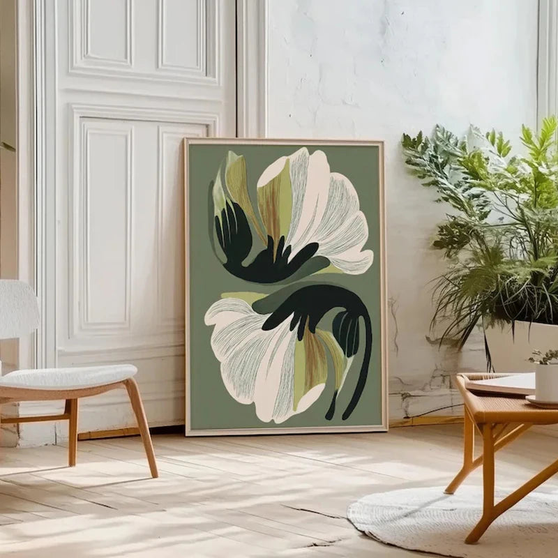 impression toile abstraite floral botanique moderne vert olive beige 30x45cm 40x60cm