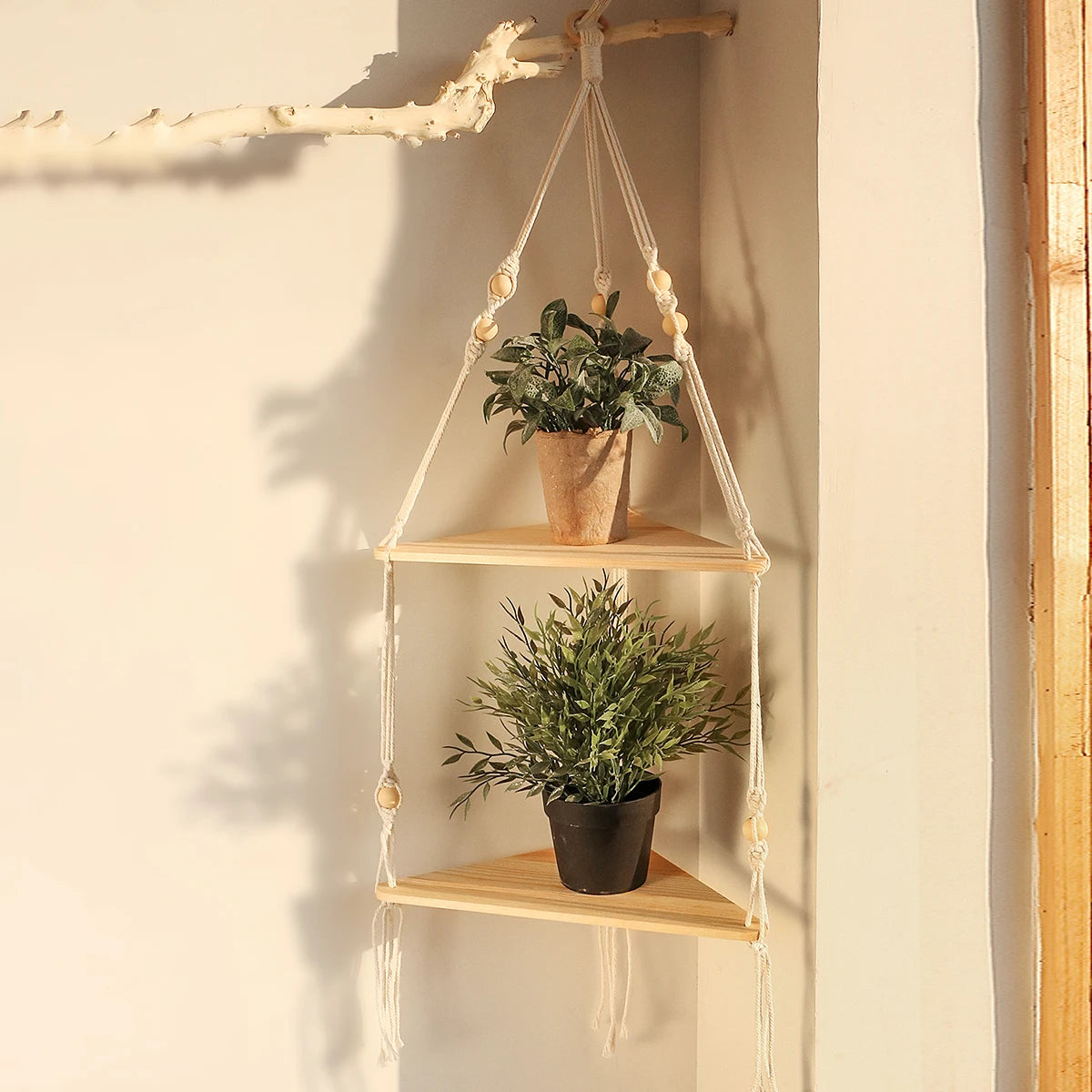 étagères suspendues boho blanc macramé bois rustique anneaux métalliques chambre salon étude decoration cadeau