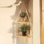 étagères suspendues boho blanc macramé bois rustique anneaux métalliques chambre salon étude decoration cadeau