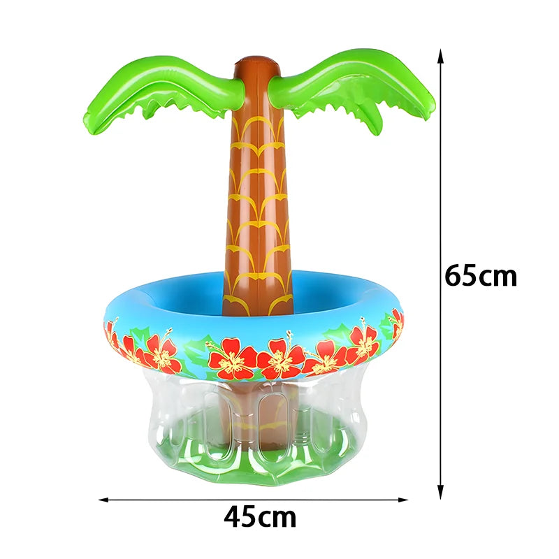 flotteur gonflable palmier boissons transparence verte bleu rouge tropical festif plage piscine
