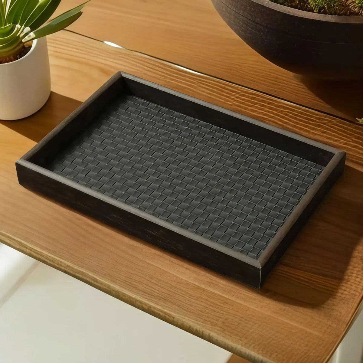 plateau rangement bijoux moderne texture losange chevron bois PU noir rouge bronze minimaliste