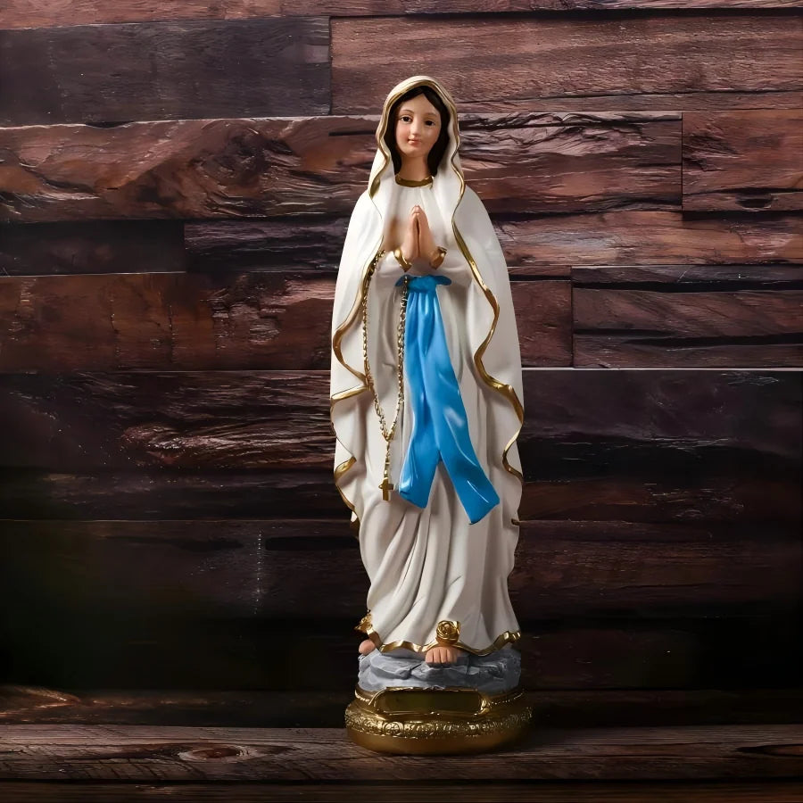 statue virgin mary résine blanche bleu doré motif floral classique decoration intérieure cadeau adhésif
