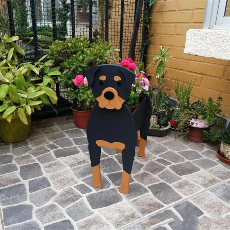 statue chien bois jardinière fleurs artificielles décoration jardin extérieur pot plante cartoon noir
