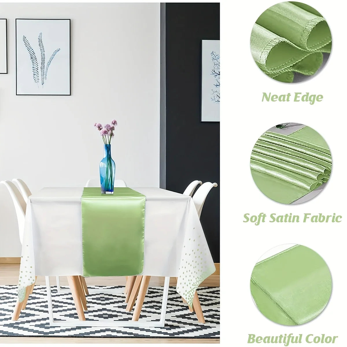 nappe blanche étoiles dorées chemin table vert satiné festif anniversaire mariage enfantsDecorationTableFestiveModernestyleSageGreen