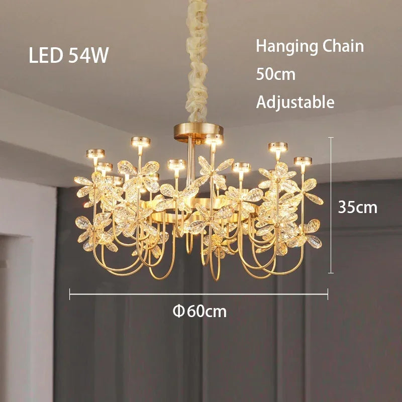 lustre or transparent fleurs cristal classique chaîne éclairage intérieur decoration