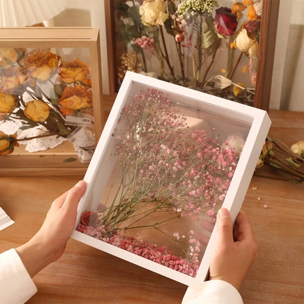 cadre fleurs séchées bois transparent bouquet display box storage décoration intérieure clips rustique naturel