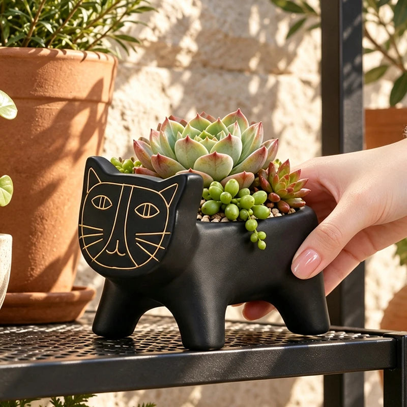 cache pot résine chat doré moderne plante verte décoration intérieure succulente face animé