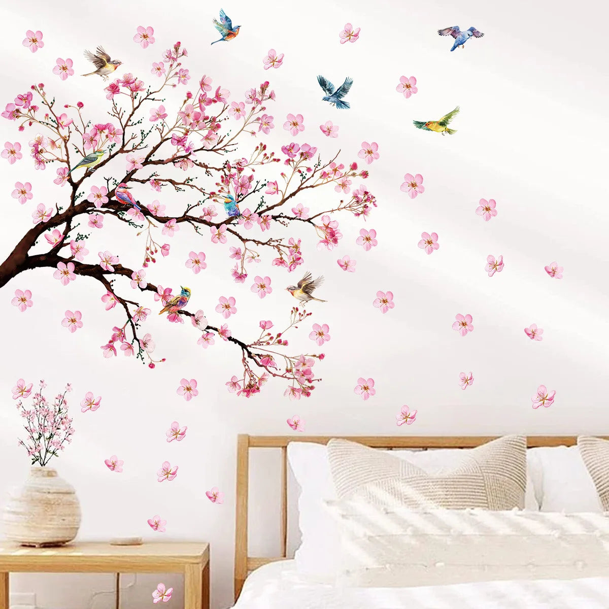 sticker mural fleur oiseau art floral deco chambre enfant deco maison bébé rose vert