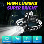 lampe frontale led noire rechargeable zoomable cordon rayures blancs moderne camping pêche