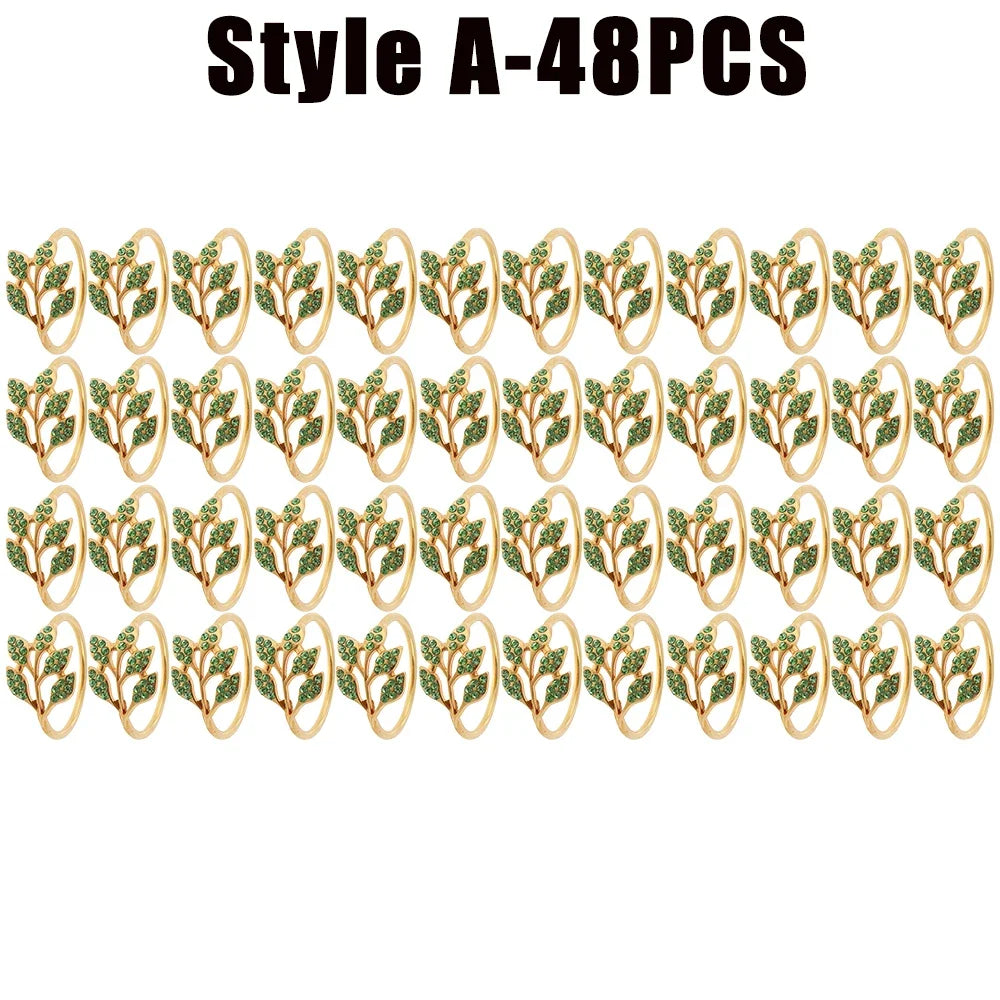 anneaux décoratifs élégants feuilles stylisées strass doré argenté vert décoration table événement