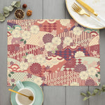 tapis table art japonais traditionnel fleurs motifs géométriques bleu vert rouge beige