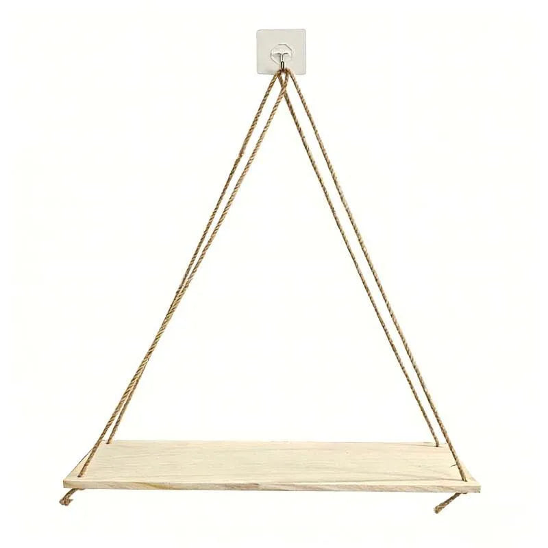 étagère suspendue bois brun clair rustique minimaliste ficelle tressée anneaux métalliques pots plantes cadre