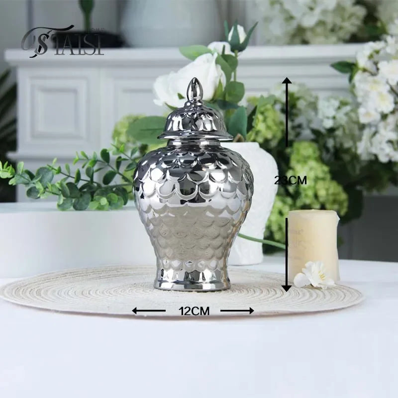 vases décoratifs modernes or blanc argentés motifs ronds couvercles assortis