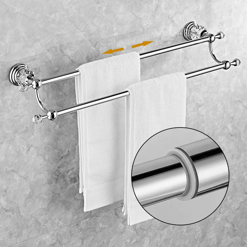 accessoires salle bain chrome cristaux motifs dorés porte savon dentifrice serviettes goblets sèche cheveux
