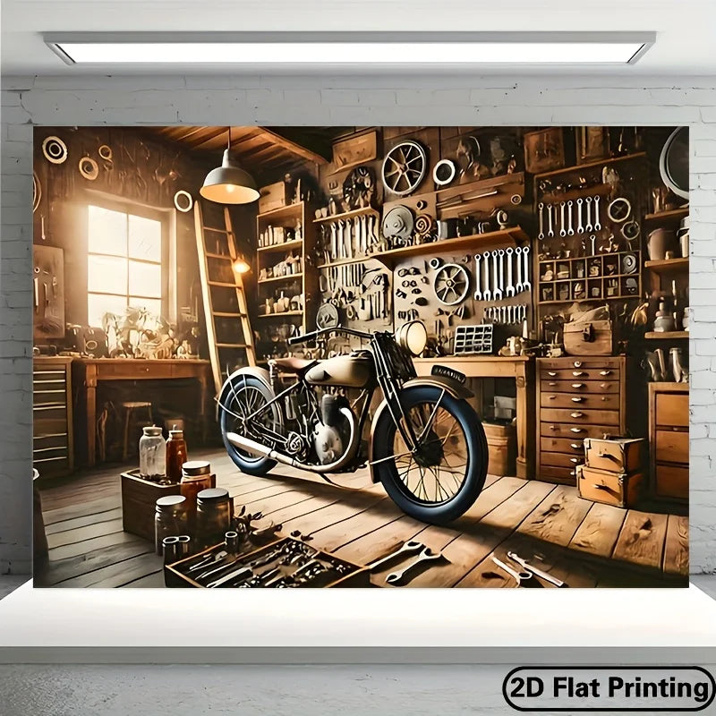 affiche atelier vintage moto outils décoration murale noire blanche marron verteSizeMode59x79in71x91in