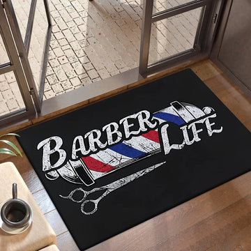 tapis antidérapant motif coiffeur ciseaux lettres blanches noir vintage sol salon
