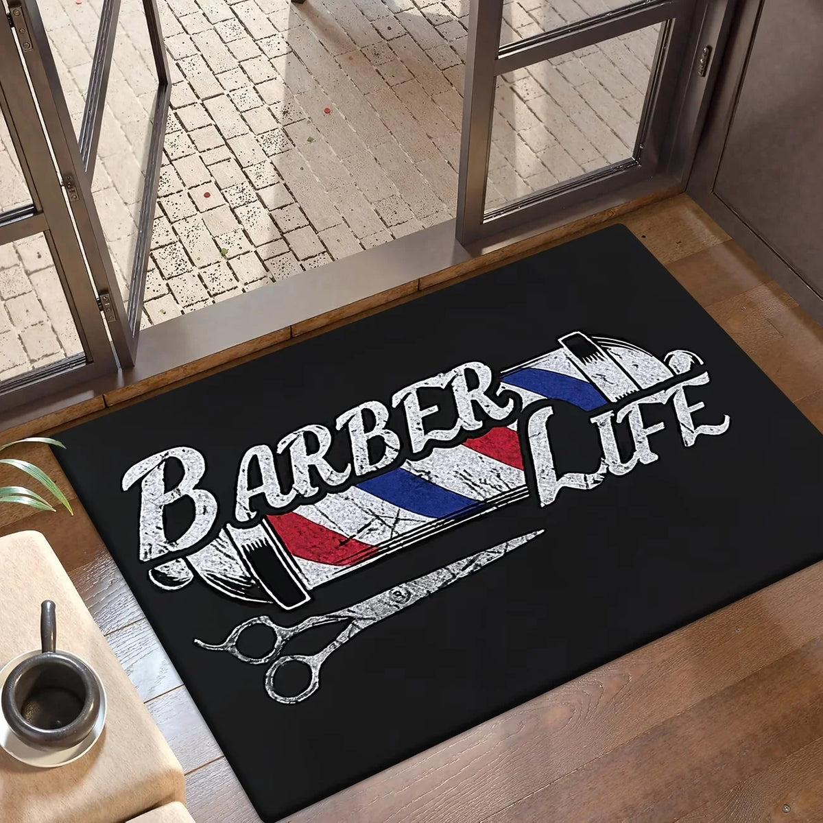 tapis antidérapant motif coiffeur ciseaux lettres blanches noir vintage sol salon