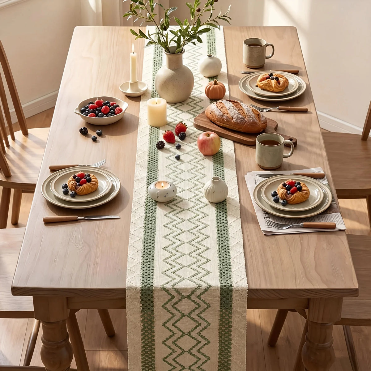 tableau décoratif chemin table zigzag vert fond beige dimension 180cm 33cm traditions fêtes années