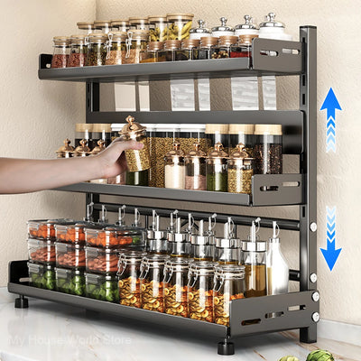 Support de rangement d'épices 3 niveaux métallique noir sur comptoir de cuisine