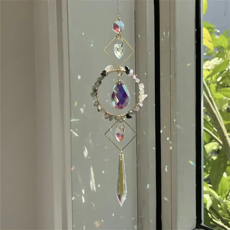 suspension décorative cristal transparent vert violet doré cristaux artisanale élégante jardin intérieur