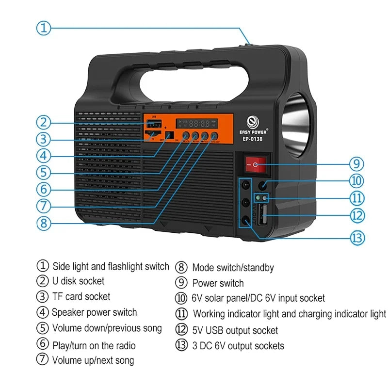 lampe poche portable système solaire rechargeable panneau solaire haut parleur radio fm bluetooth usb
