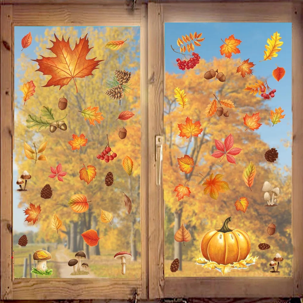décoration fenêtre automne feuilles glands citrouille adhésif orange rouge jaune vert brun 20x30cm 5feuilles